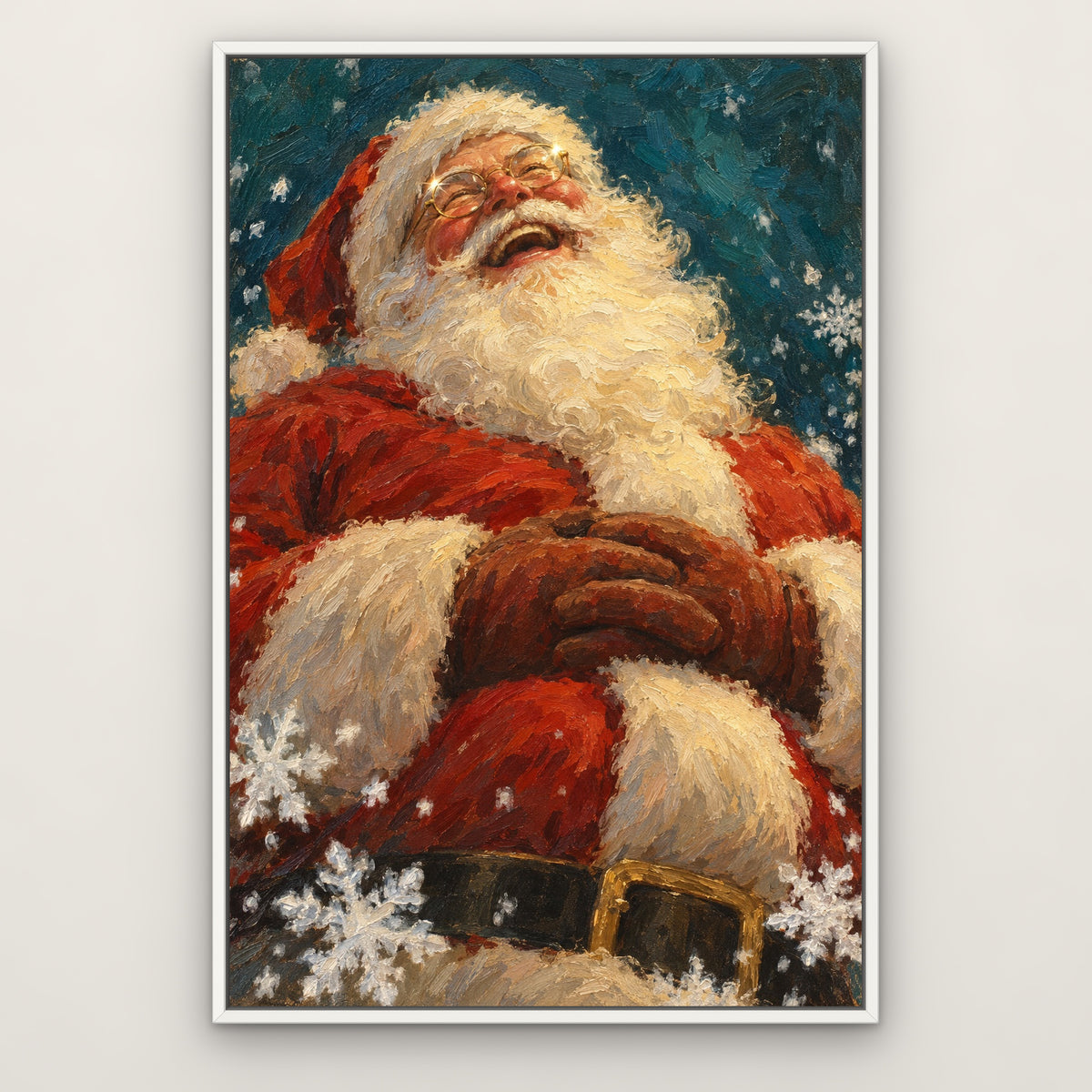 Spectacled Santa, green portrait hand-painted canvas wall art in a slim white float frame – Gallery 23