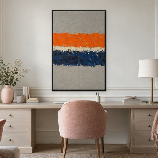 Tangerine Navy Sweep, blue abstract hand-painted canvas wall art in a home office – Gallery 23