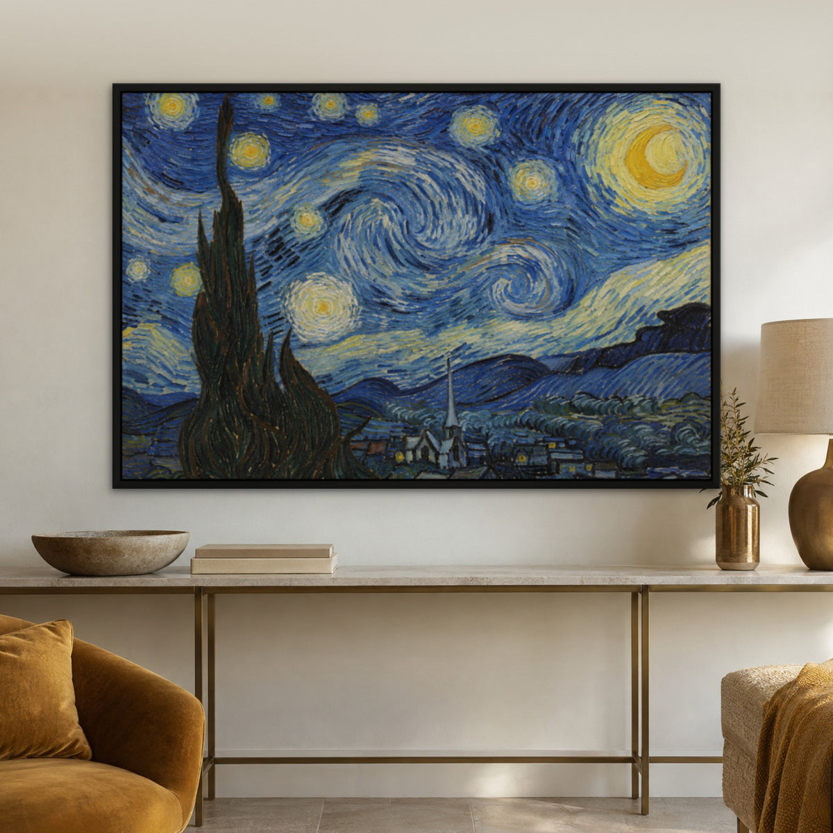 The Starry Night, after Van Gogh, landscape hand-painted canvas wall art in a hallway – Gallery 23
