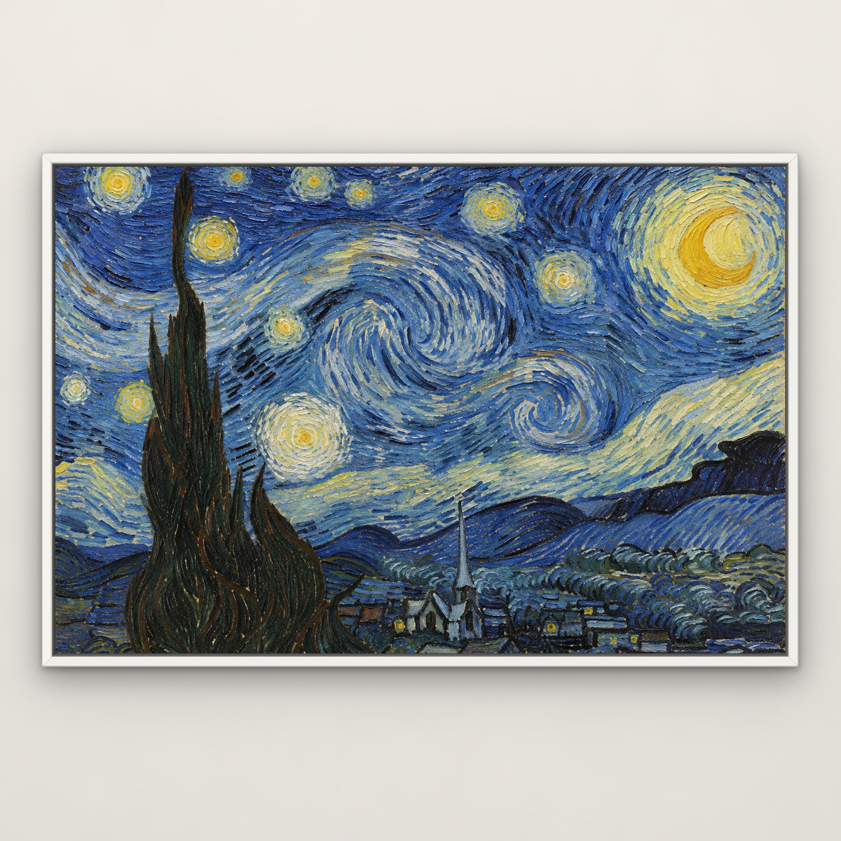 The Starry Night, after Van Gogh, landscape hand-painted canvas wall art in a slim white float frame – Gallery 23