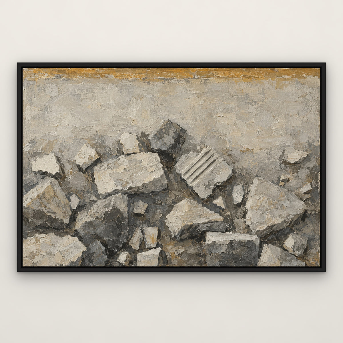 Stone Cubist Fragments, grey abstract hand-painted canvas wall art in a slim black float frame – Gallery 23