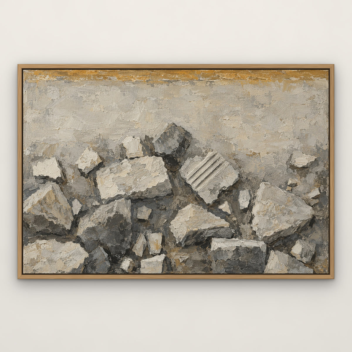 Stone Cubist Fragments, grey abstract hand-painted canvas wall art in a slim oak float frame – Gallery 23