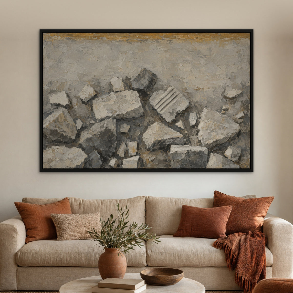 Stone Cubist Fragments, grey abstract hand-painted canvas wall art in a living room – Gallery 23