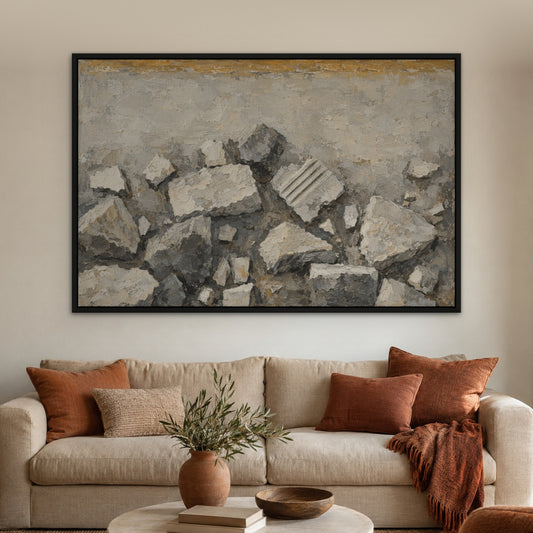 Stone Cubist Fragments, grey abstract hand-painted canvas wall art in a living room – Gallery 23