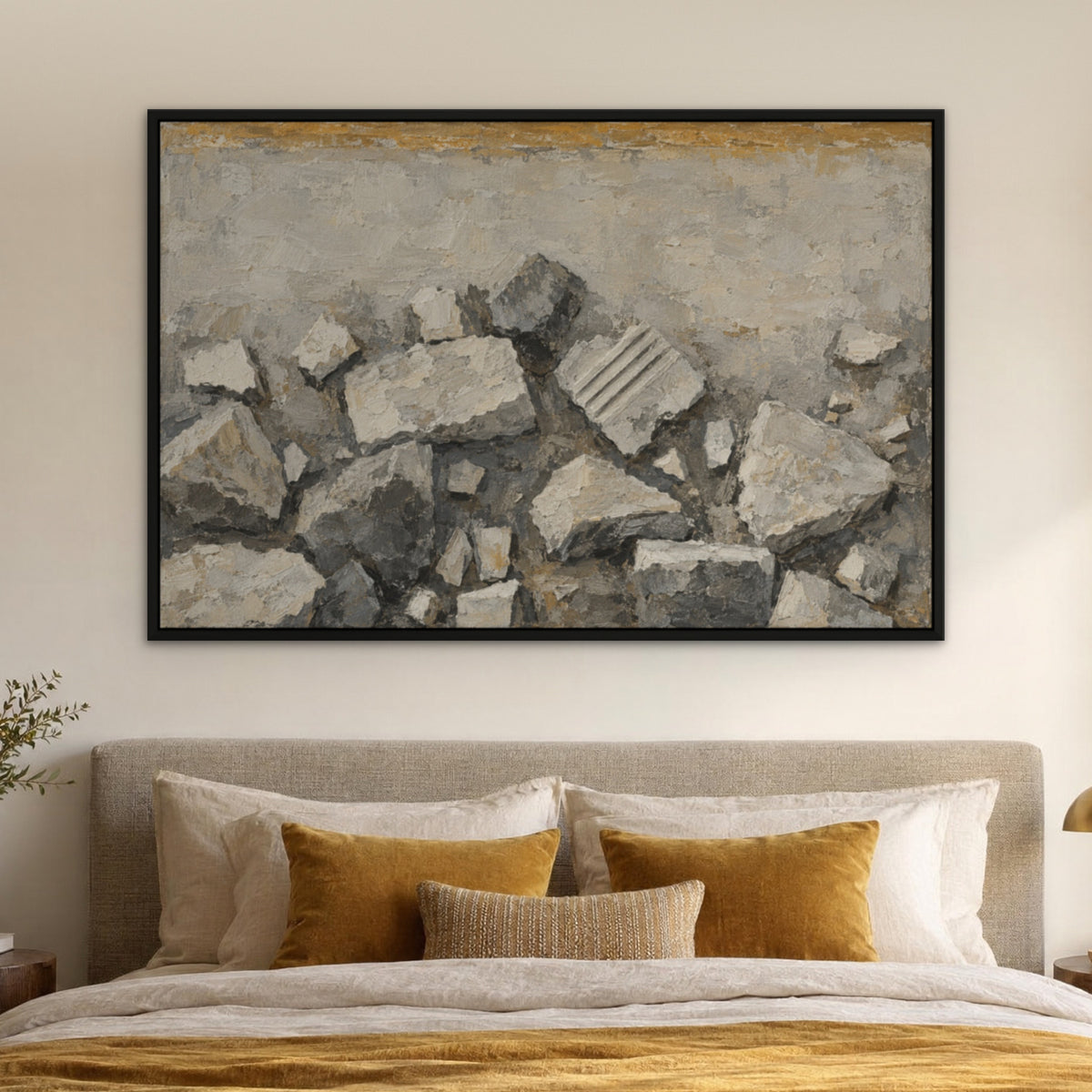 Stone Cubist Fragments, grey abstract hand-painted canvas wall art in a bedroom – Gallery 23
