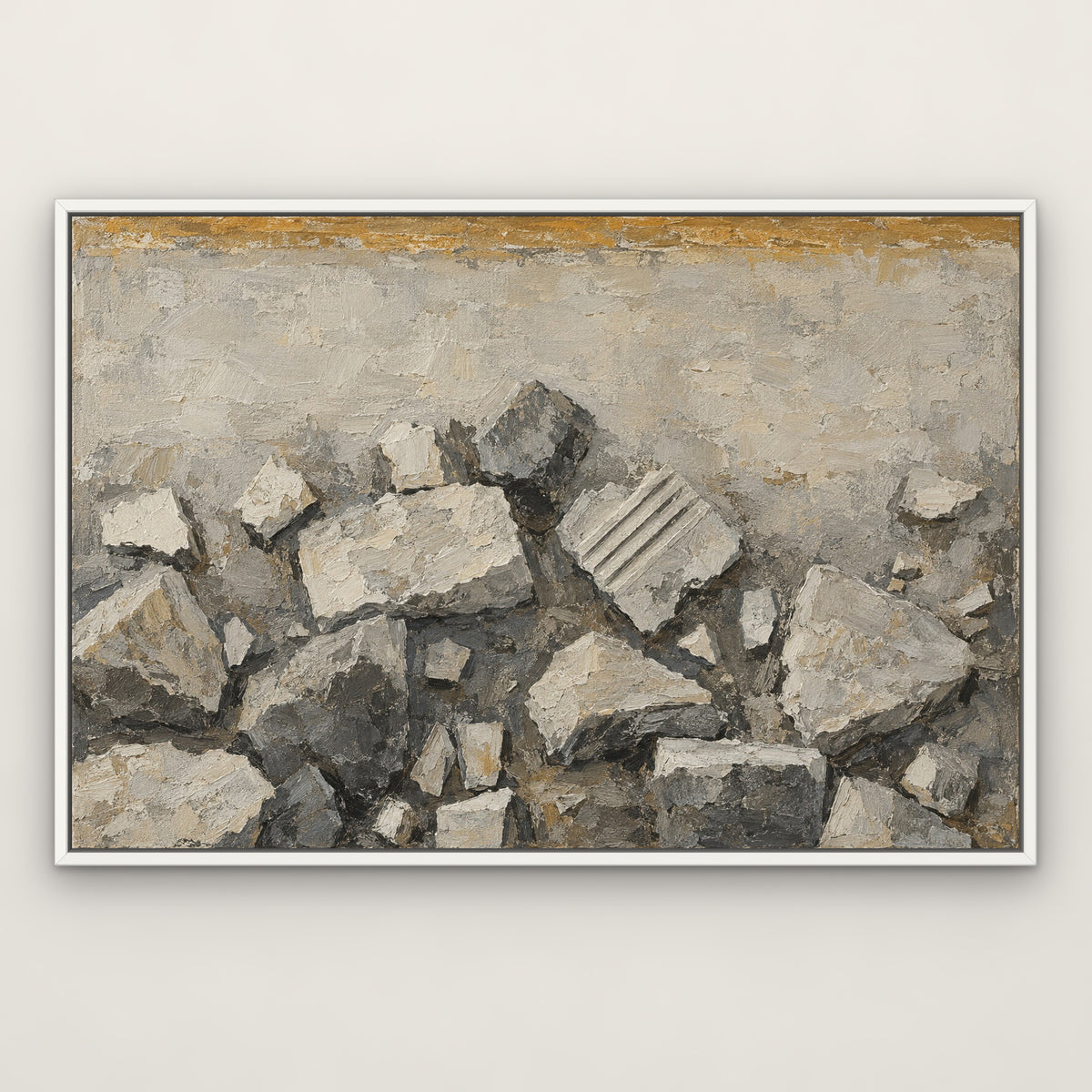 Stone Cubist Fragments, grey abstract hand-painted canvas wall art in a slim white float frame – Gallery 23