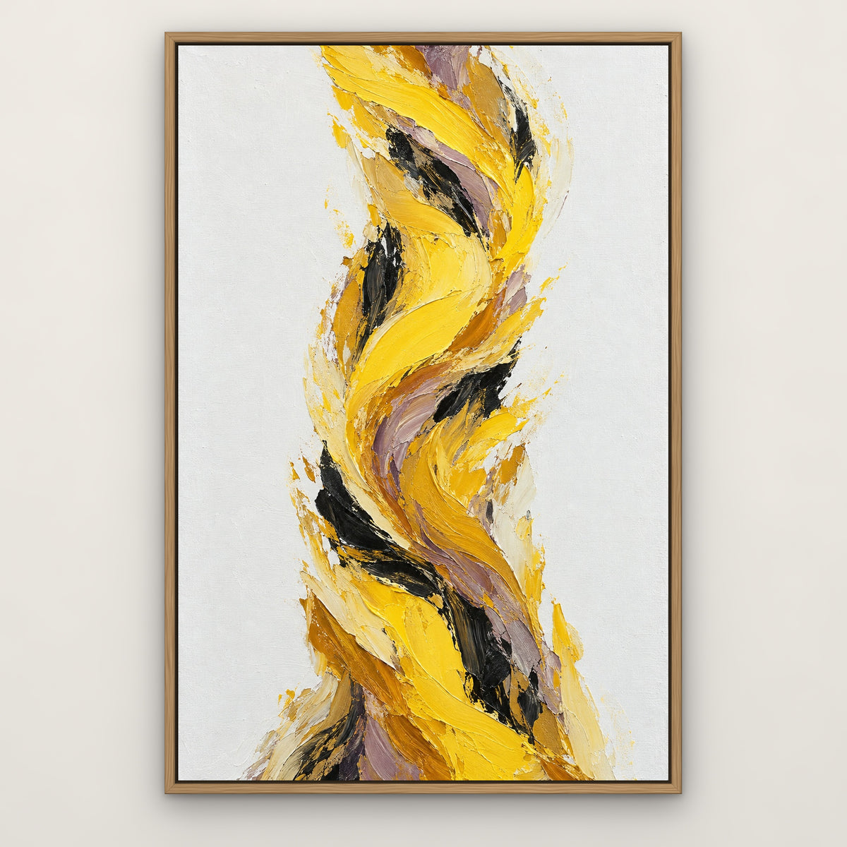 Lemon Gust, orange abstract hand-painted canvas wall art in a slim oak float frame – Gallery 23