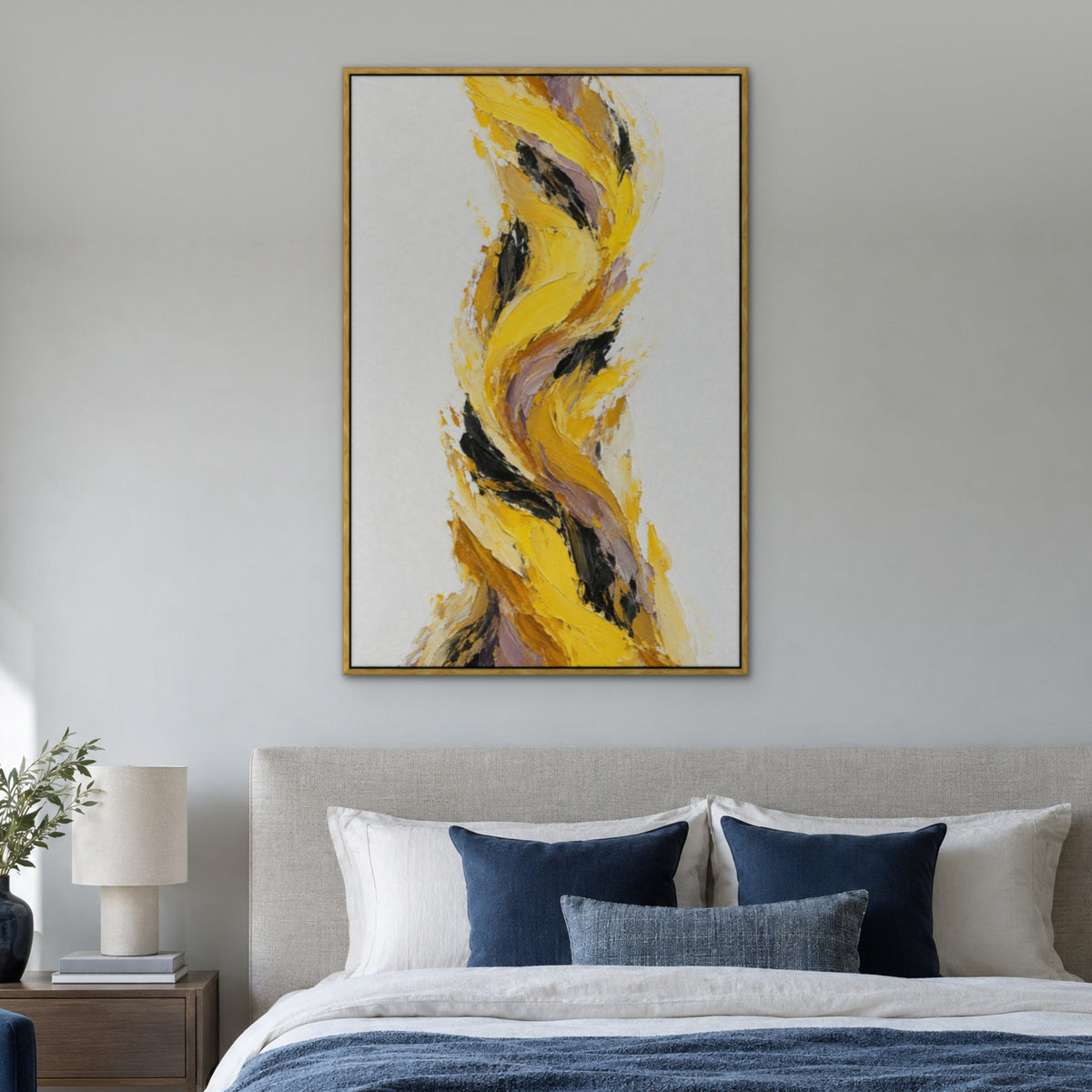 Lemon Gust, orange abstract hand-painted canvas wall art in a bedroom – Gallery 23