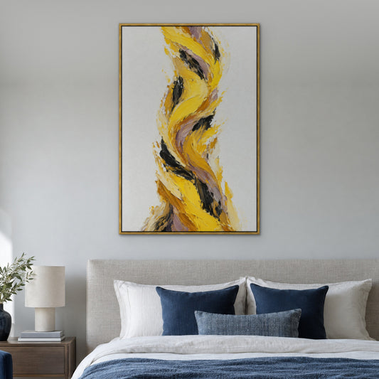 Lemon Gust, orange abstract hand-painted canvas wall art in a bedroom – Gallery 23