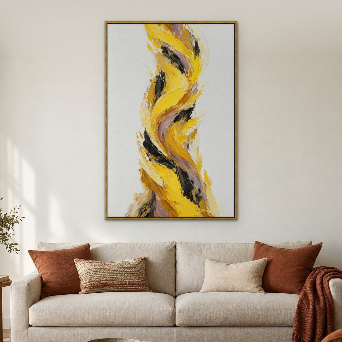 Lemon Gust, orange abstract hand-painted canvas wall art in a living room – Gallery 23
