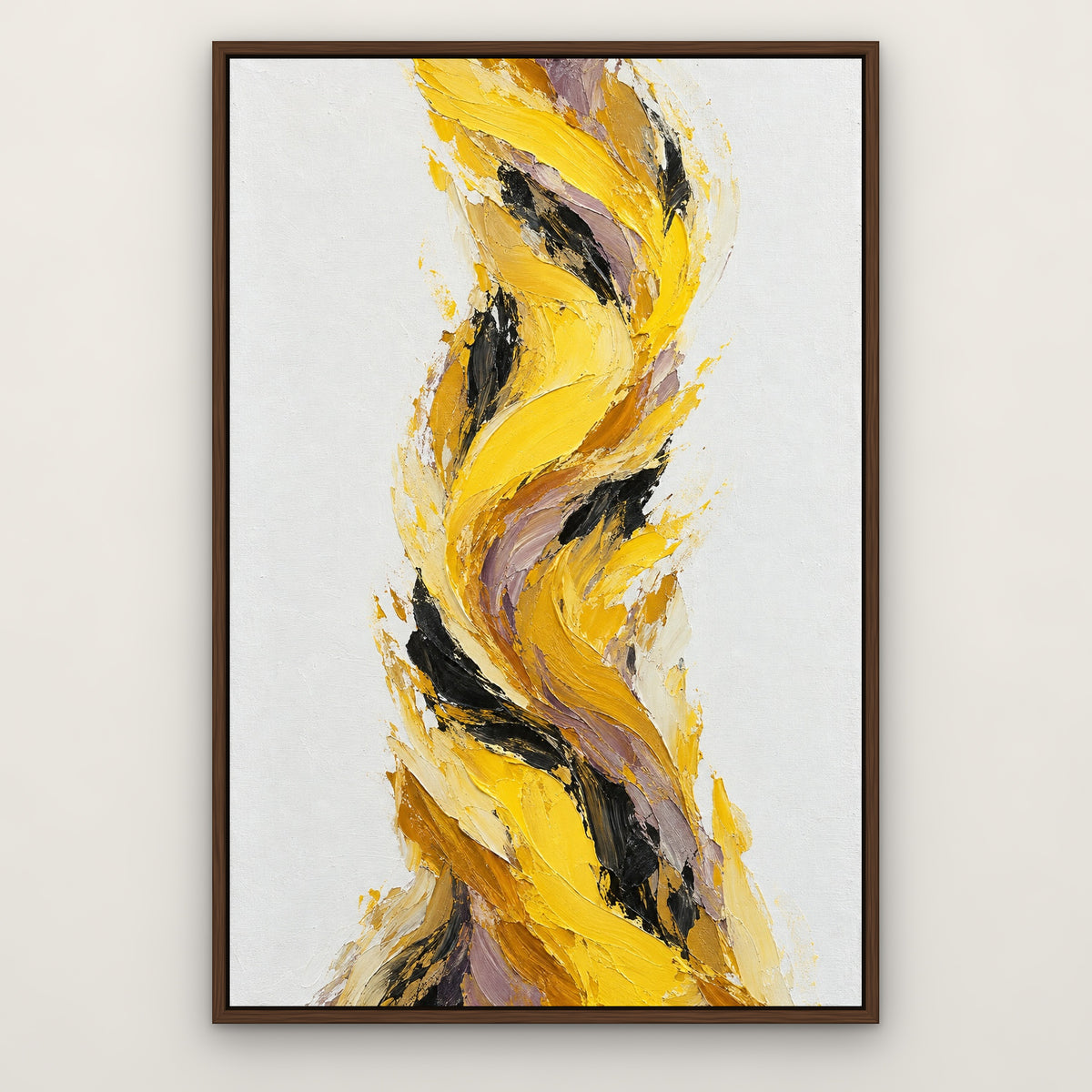 Lemon Gust, orange abstract hand-painted canvas wall art in a slim walnut float frame – Gallery 23