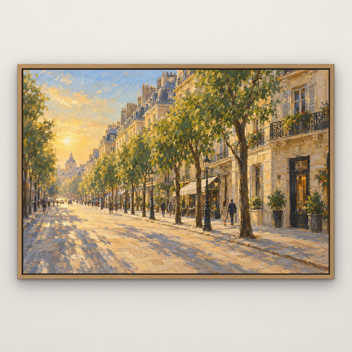 Glowing Paris Avenue, blue cityscape hand-painted canvas wall art in a slim oak float frame – Gallery 23