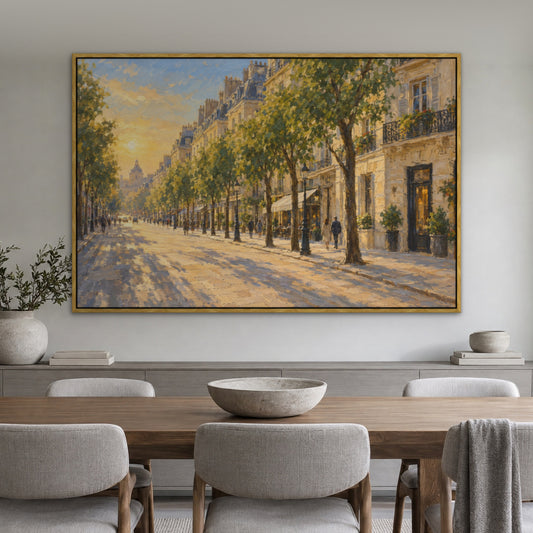 Glowing Paris Avenue, blue cityscape hand-painted canvas wall art in a dining room – Gallery 23