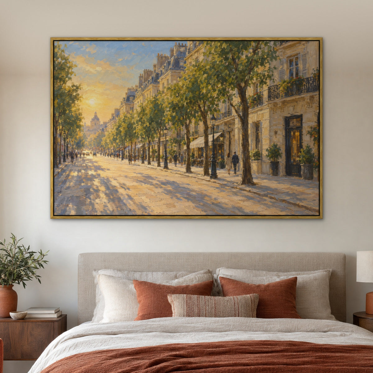 Glowing Paris Avenue, blue cityscape hand-painted canvas wall art in a bedroom – Gallery 23