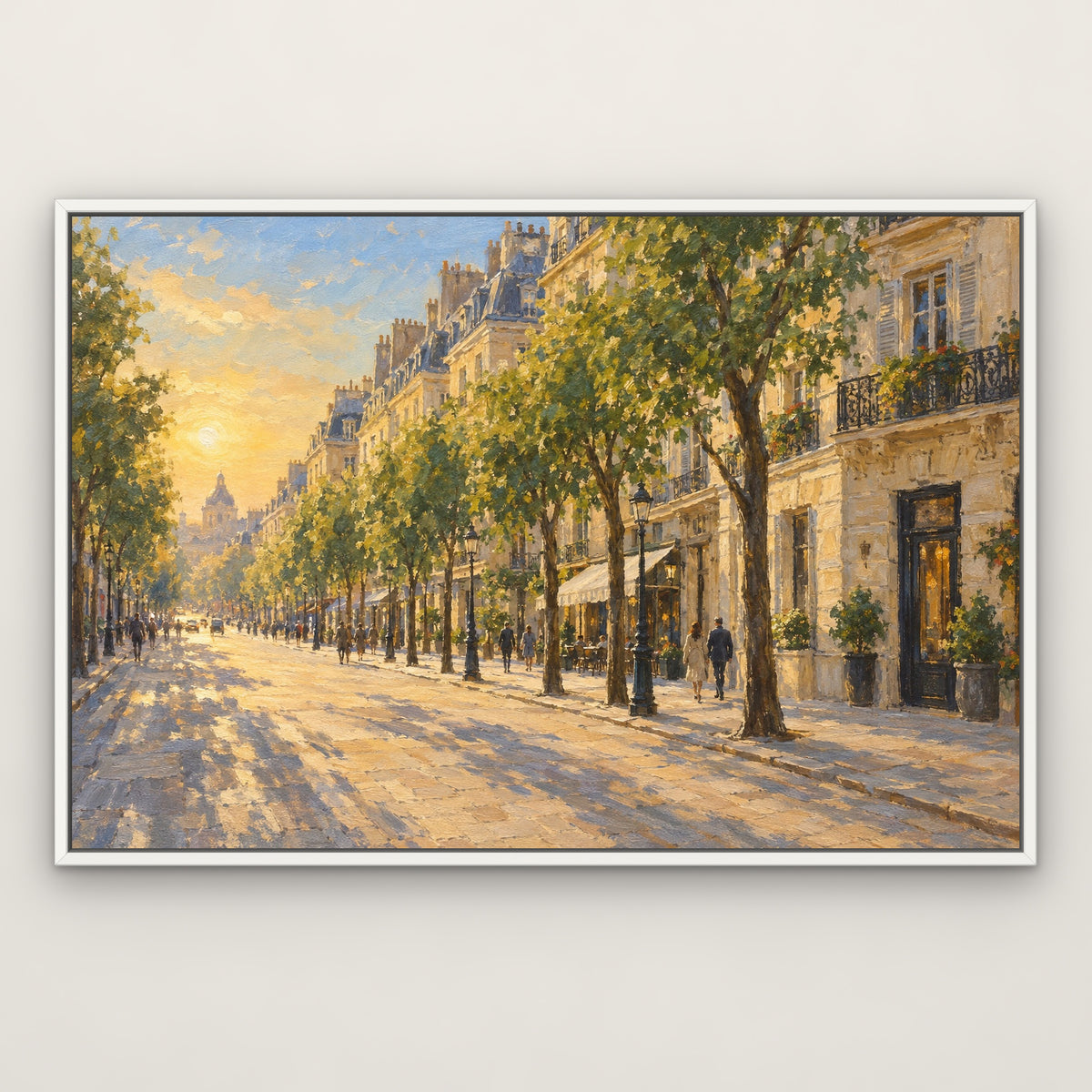 Glowing Paris Avenue, blue cityscape hand-painted canvas wall art in a slim white float frame – Gallery 23