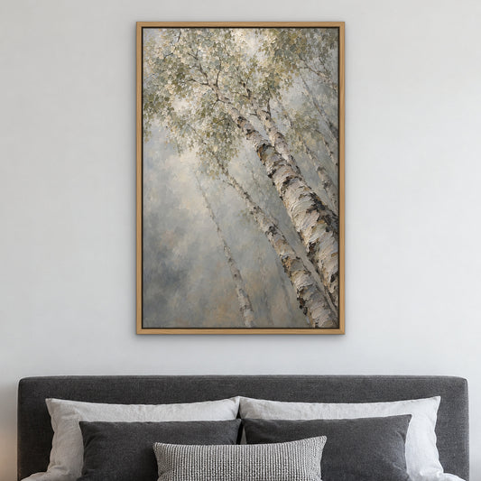 Silver Birch Haze, grey hand-painted canvas wall art in a bedroom – Gallery 23