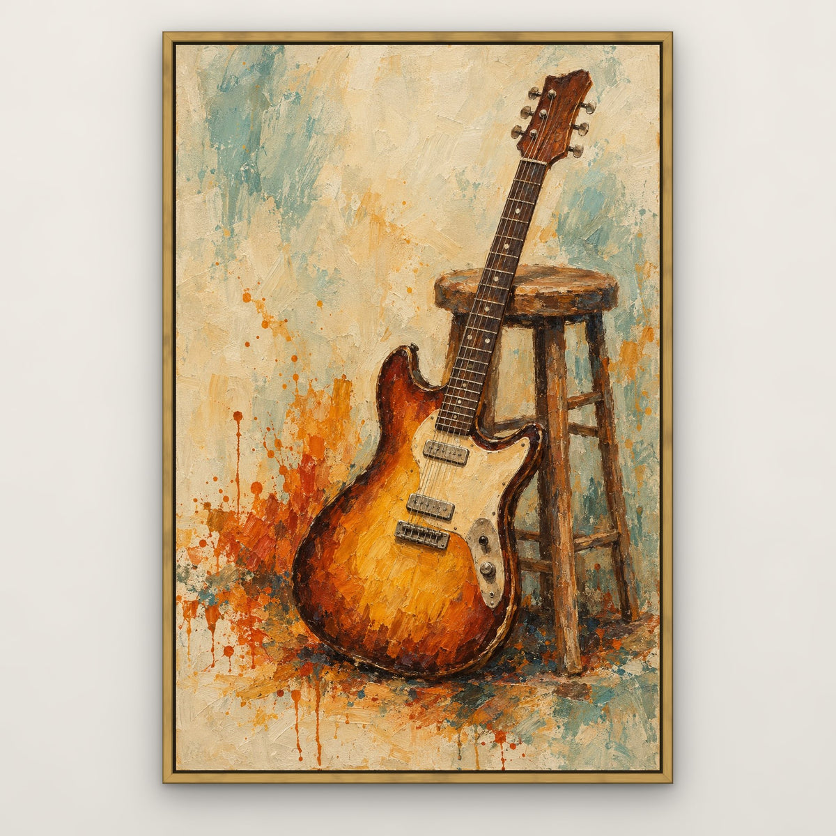 Amber Guitar, orange abstract hand-painted canvas wall art in a slim antique gold float frame – Gallery 23