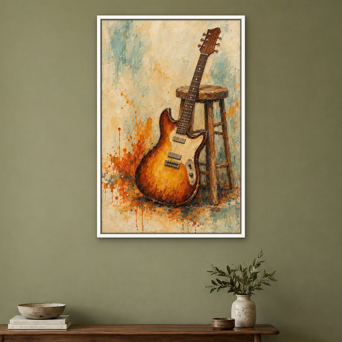 Amber Guitar, orange abstract hand-painted canvas wall art in a hallway – Gallery 23