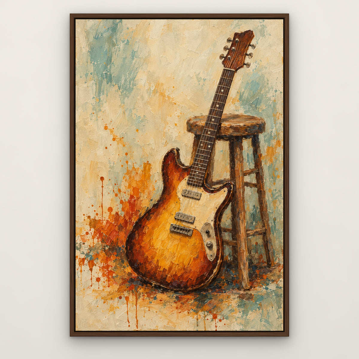 Amber Guitar, orange abstract hand-painted canvas wall art in a slim walnut float frame – Gallery 23