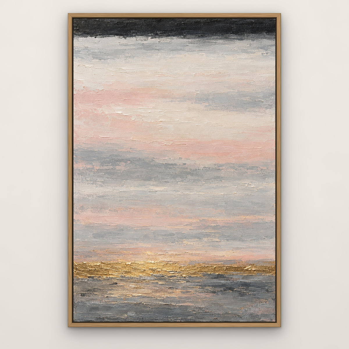 Gold Dawn Bands, black and white abstract hand-painted canvas wall art in a slim oak float frame – Gallery 23