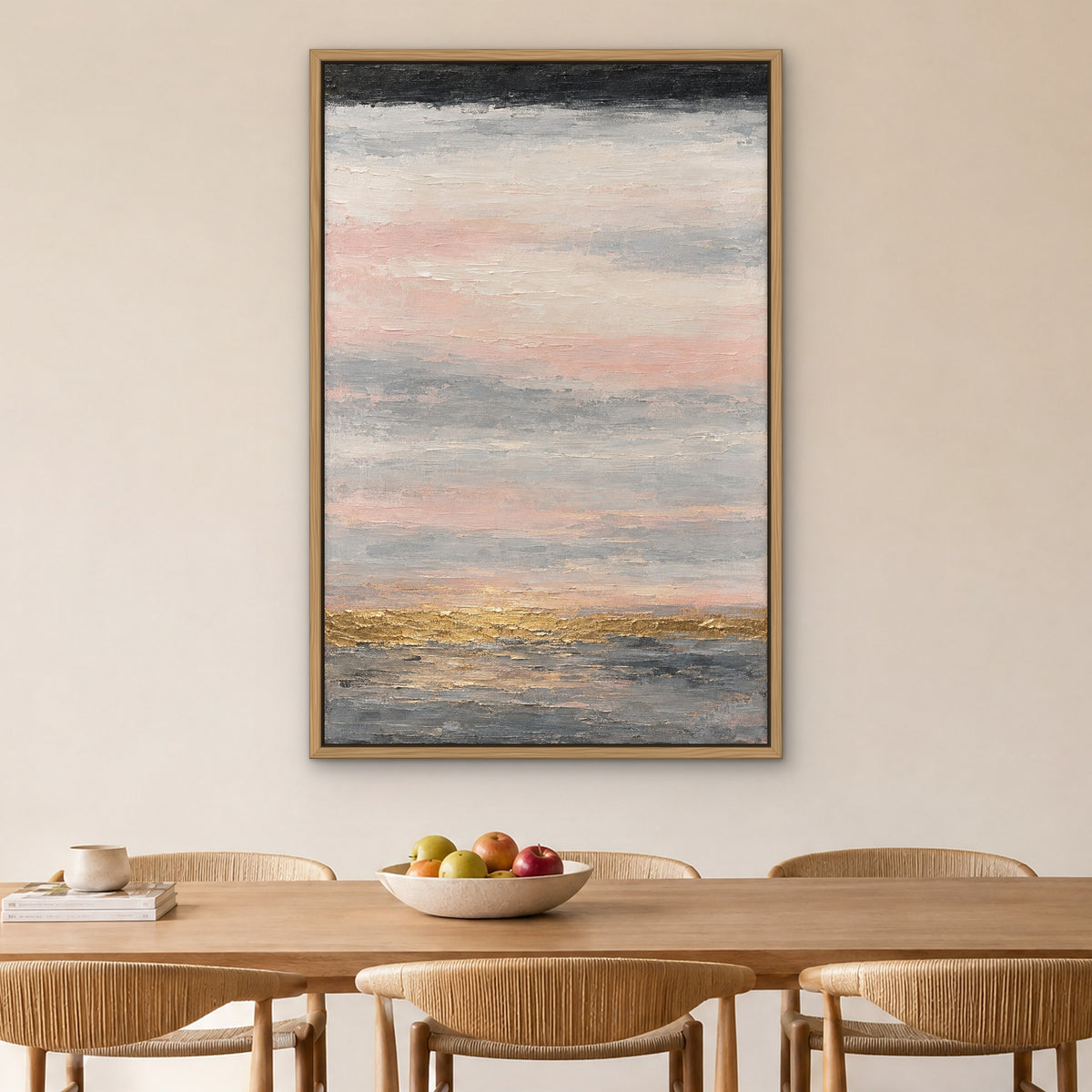 Gold Dawn Bands, black and white abstract hand-painted canvas wall art in a dining room – Gallery 23