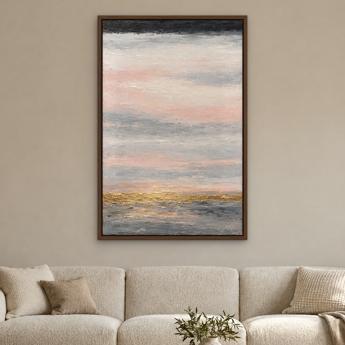 Gold Dawn Bands, black and white abstract hand-painted canvas wall art in a living room – Gallery 23