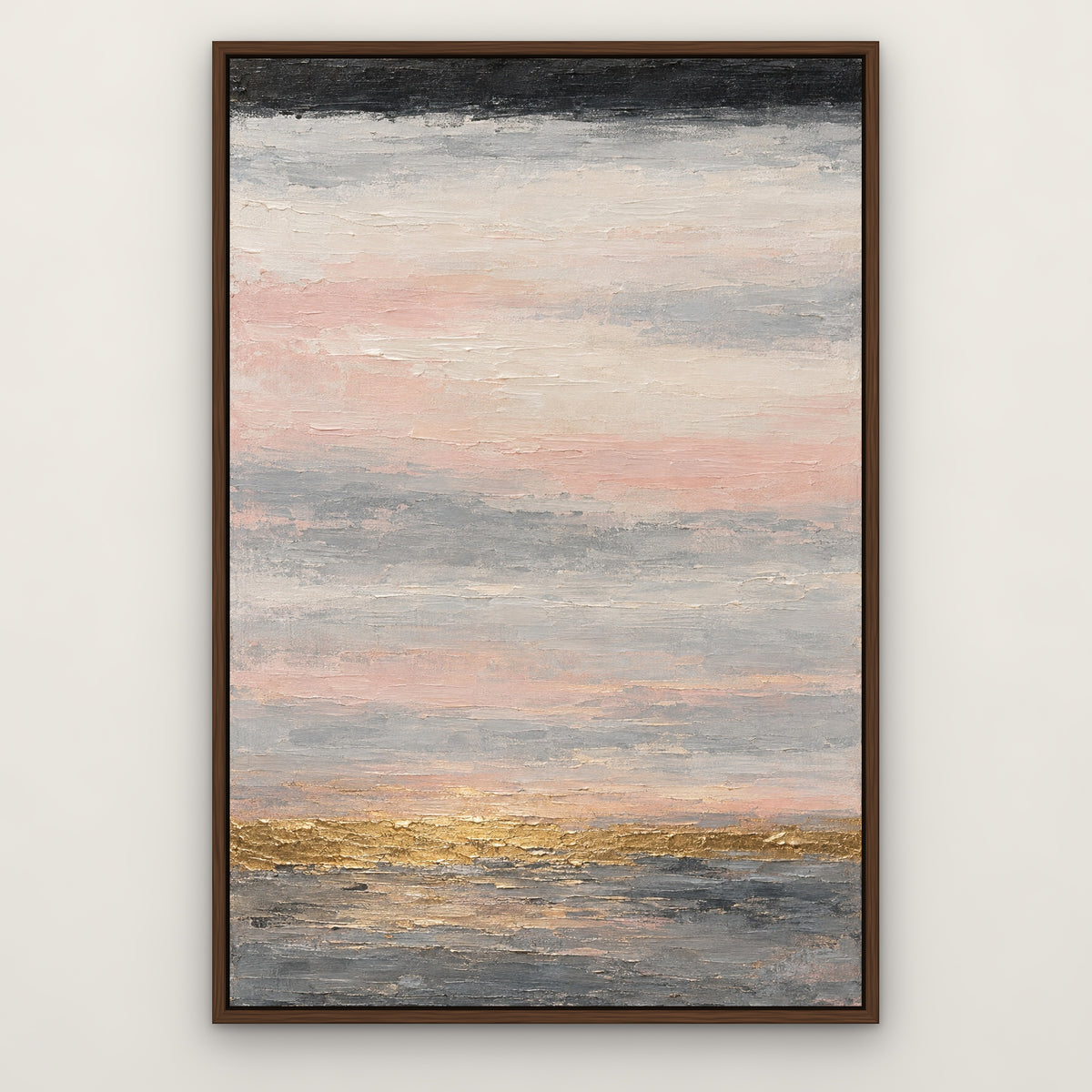 Gold Dawn Bands, black and white abstract hand-painted canvas wall art in a slim walnut float frame – Gallery 23