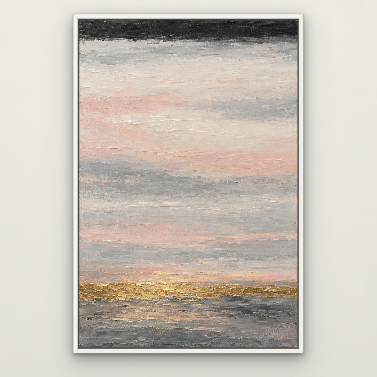 Gold Dawn Bands, black and white abstract hand-painted canvas wall art in a slim white float frame – Gallery 23