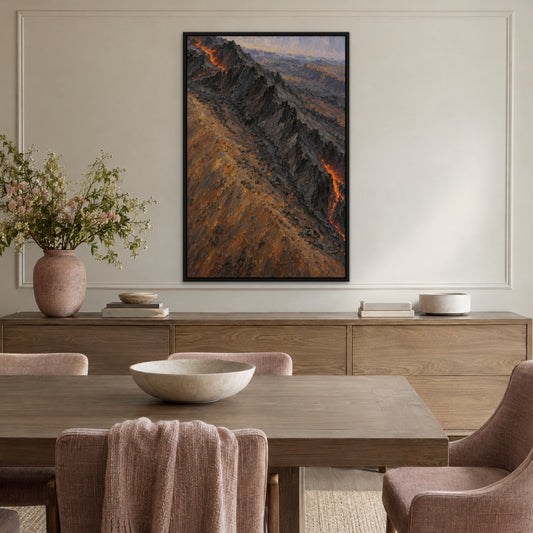 Volcanic Ridge, orange abstract hand-painted canvas wall art in a dining room – Gallery 23