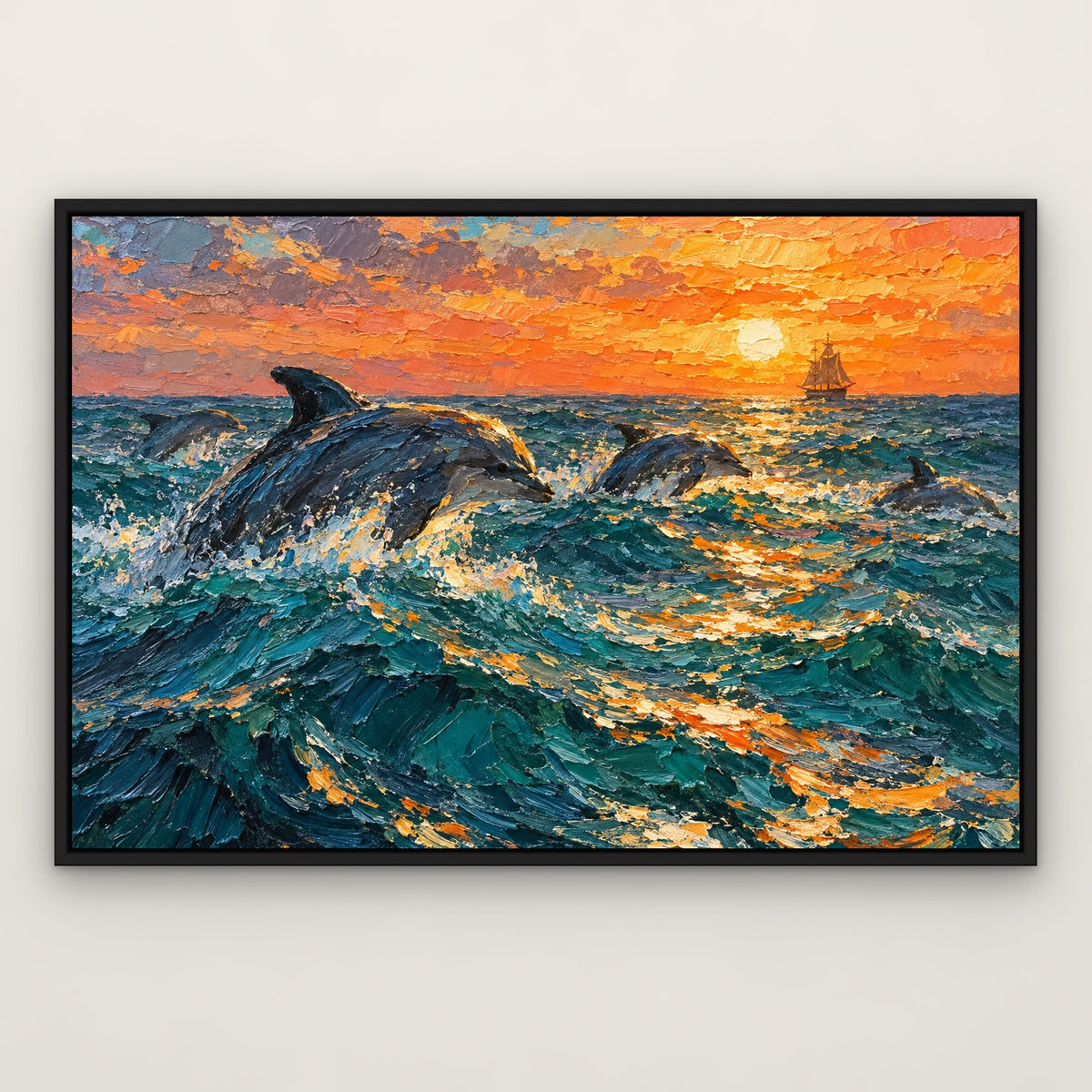 Dolphin Escort, blue seascape hand-painted canvas wall art in a slim black float frame – Gallery 23