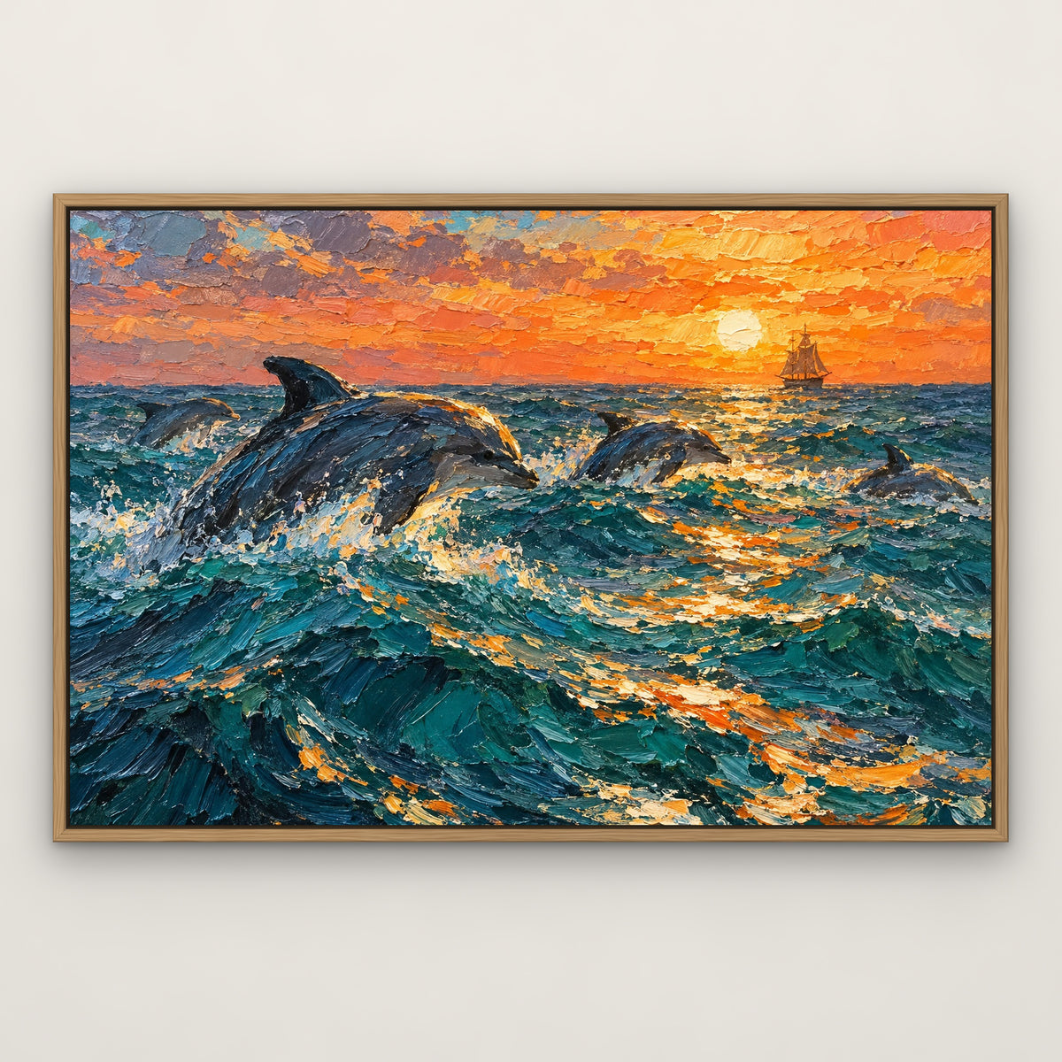 Dolphin Escort, blue seascape hand-painted canvas wall art in a slim oak float frame – Gallery 23