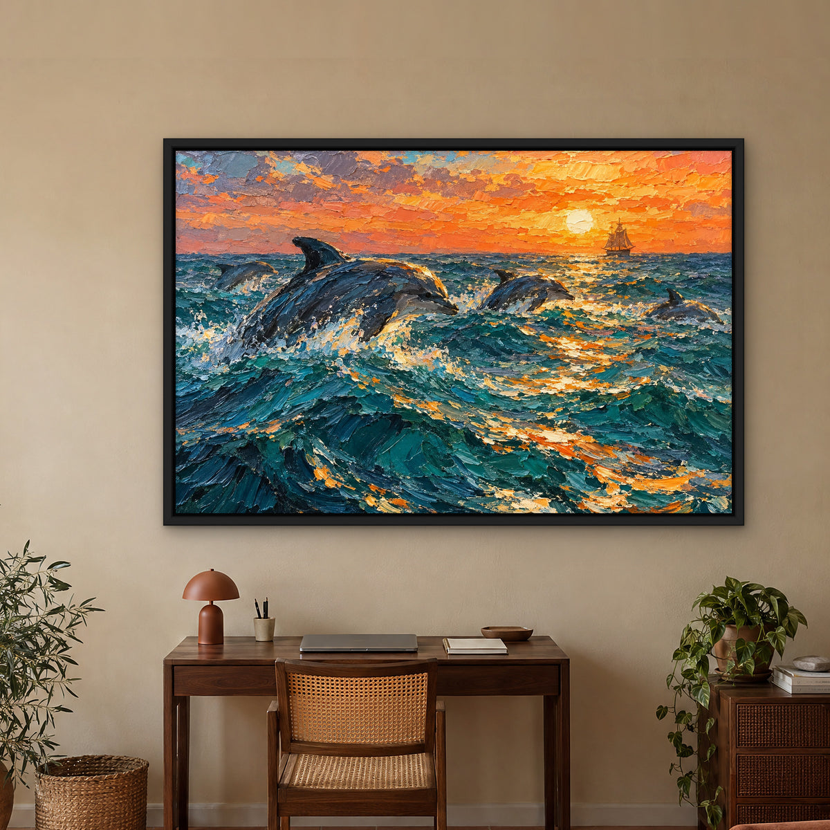 Dolphin Escort, blue seascape hand-painted canvas wall art in a home office – Gallery 23