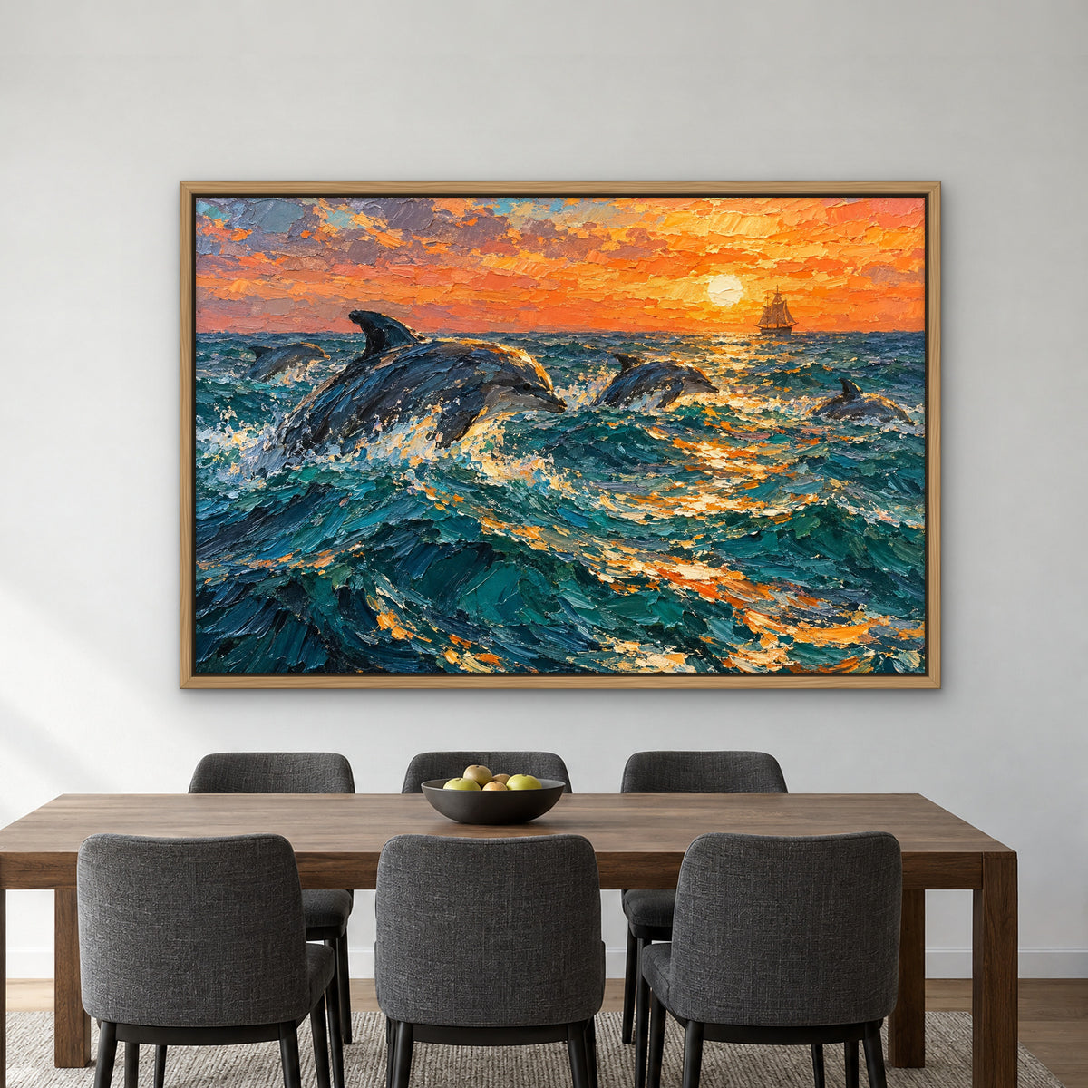 Dolphin Escort, blue seascape hand-painted canvas wall art in a dining room – Gallery 23