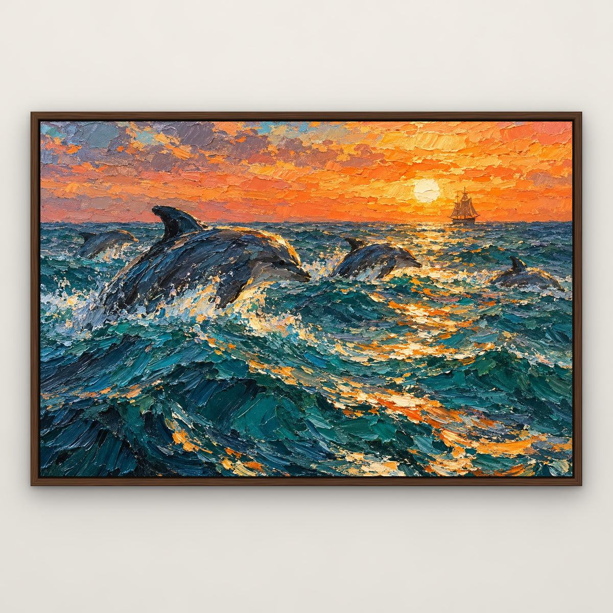 Dolphin Escort, blue seascape hand-painted canvas wall art in a slim walnut float frame – Gallery 23