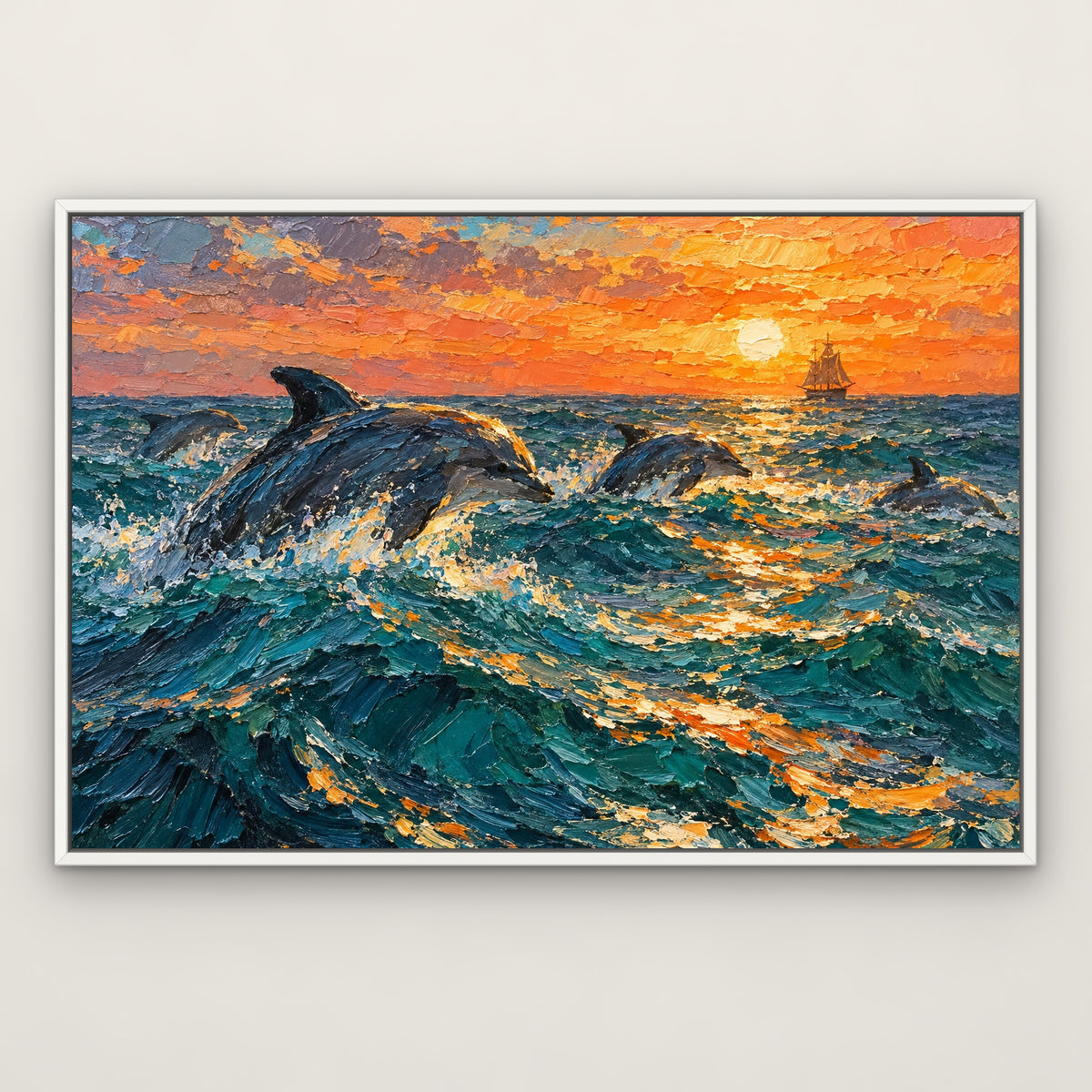 Dolphin Escort, blue seascape hand-painted canvas wall art in a slim white float frame – Gallery 23