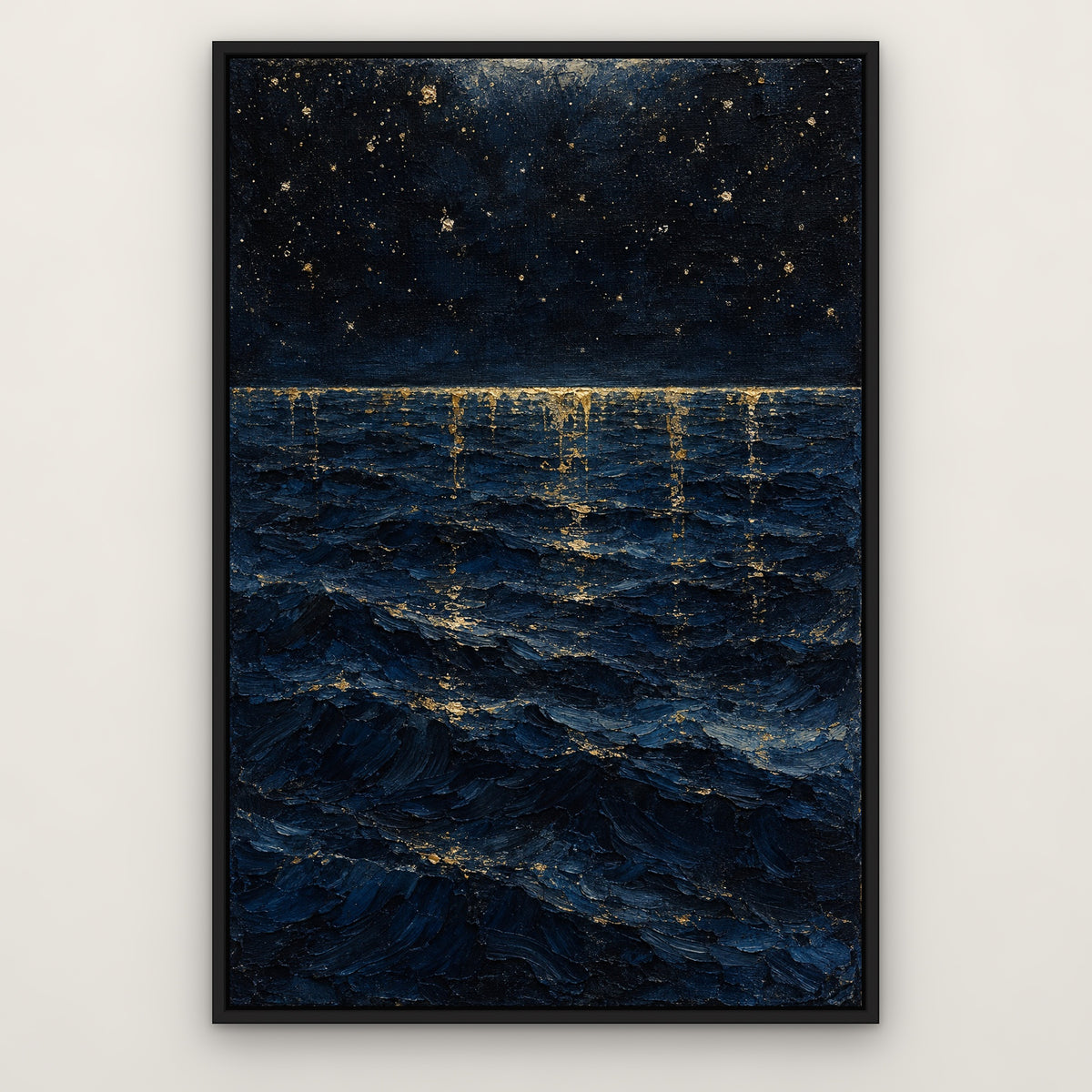 Navy Night Drip, blue abstract hand-painted canvas wall art in a slim black float frame – Gallery 23