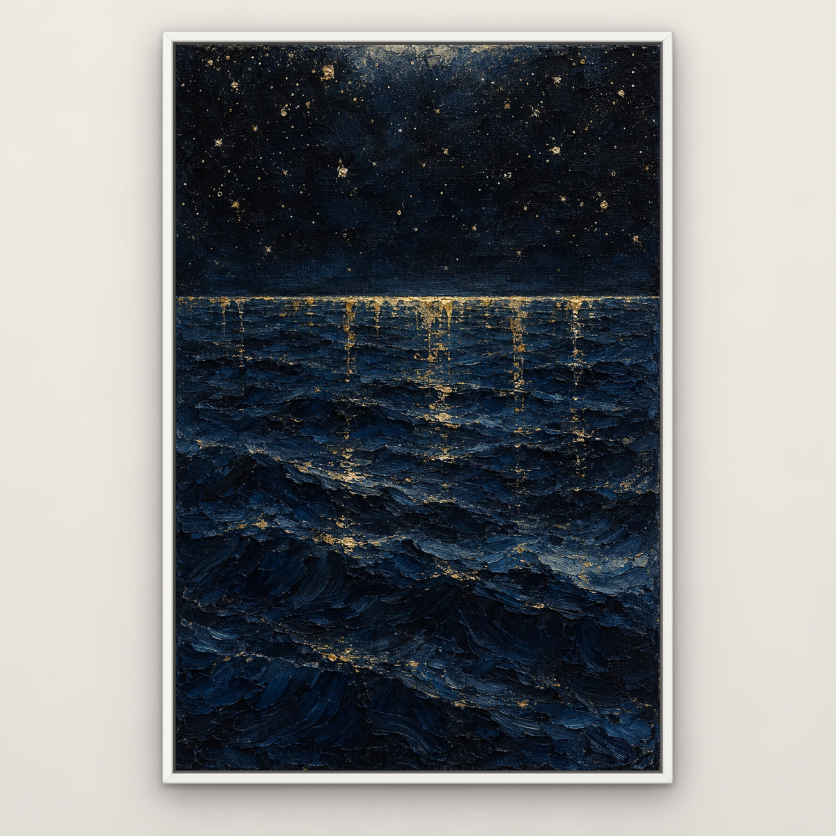 Navy Night Drip, blue abstract hand-painted canvas wall art in a slim white float frame – Gallery 23