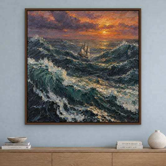 Galleon in the Swell, blue seascape hand-painted canvas wall art in a living room – Gallery 23