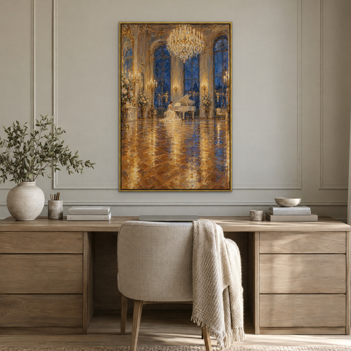 Ballgown at the Piano, grey figurative hand-painted canvas wall art in a home office – Gallery 23