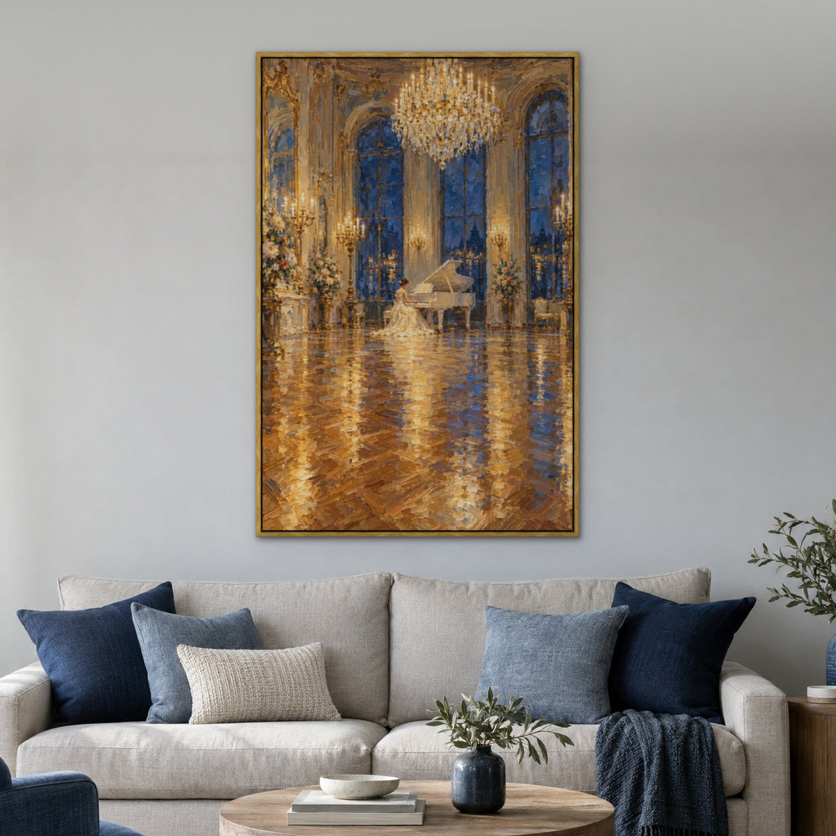 Ballgown at the Piano, grey figurative hand-painted canvas wall art in a living room – Gallery 23
