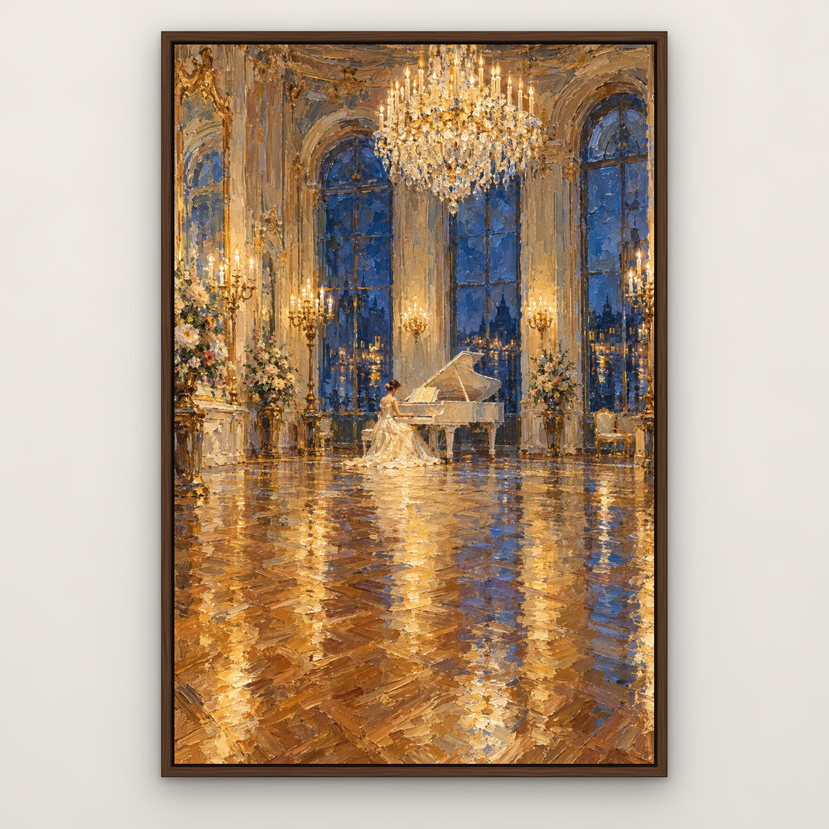 Ballgown at the Piano, grey figurative hand-painted canvas wall art in a slim walnut float frame – Gallery 23