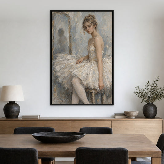 Frosted Tutu, grey portrait hand-painted canvas wall art in a dining room – Gallery 23