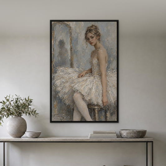 Frosted Tutu, grey portrait hand-painted canvas wall art in a hallway – Gallery 23