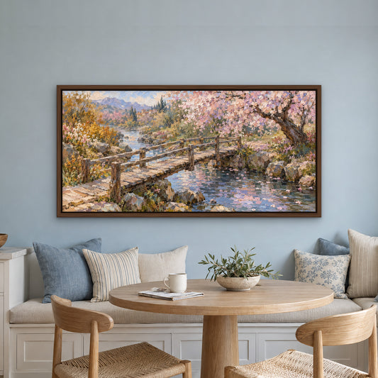 Blossom Bridge, colourful landscape hand-painted canvas wall art in a kitchen nook – Gallery 23