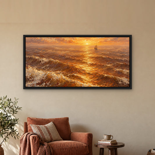 Amber Seas Galleon, orange seascape hand-painted canvas wall art in a reading corner – Gallery 23