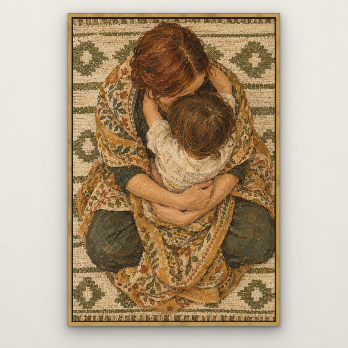 Mother's Embrace, gold portrait hand-painted canvas wall art in a slim antique gold float frame – Gallery 23