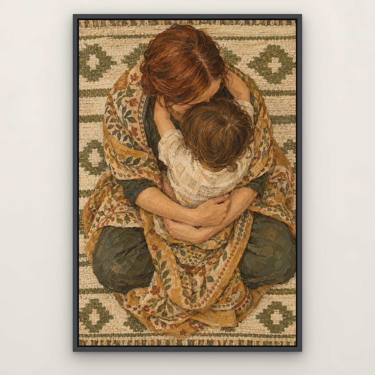 Mother's Embrace, gold portrait hand-painted canvas wall art in a slim dark grey float frame – Gallery 23