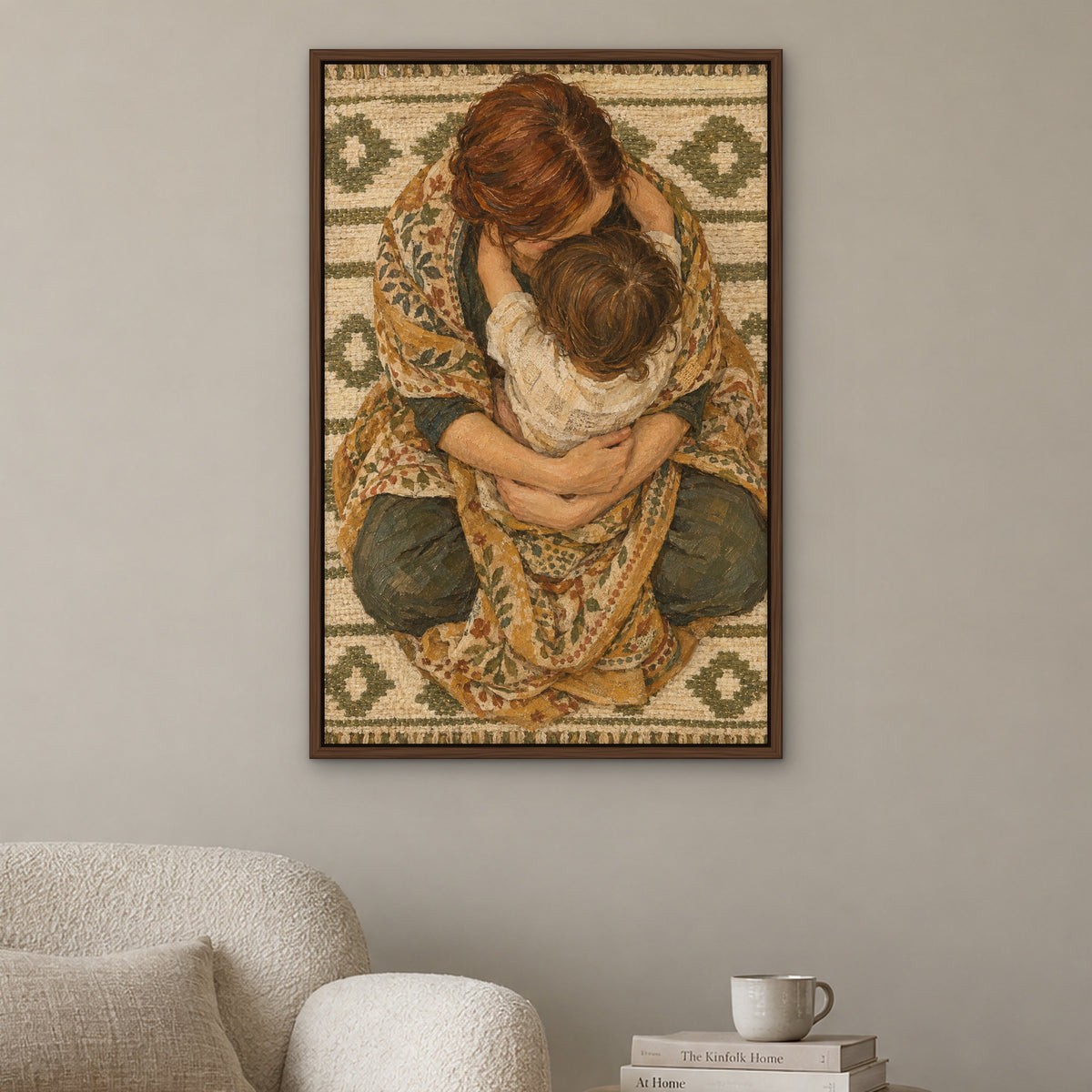 Mother's Embrace, gold portrait hand-painted canvas wall art in a reading corner – Gallery 23