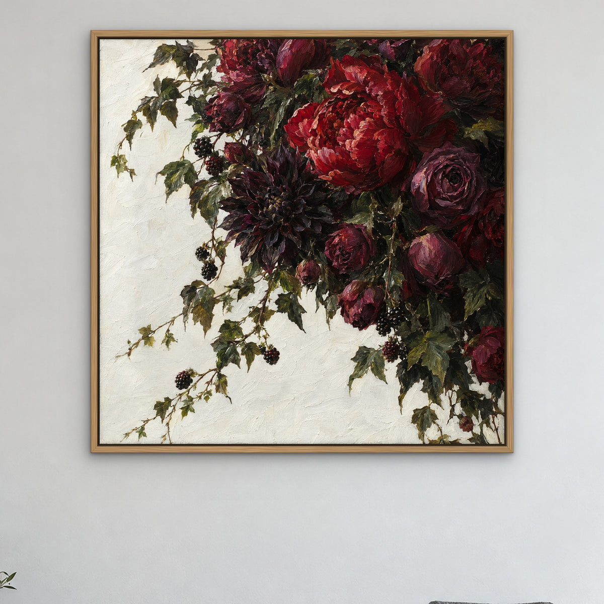 Dark Floral Opulence, colourful hand-painted canvas wall art in a bedroom – Gallery 23