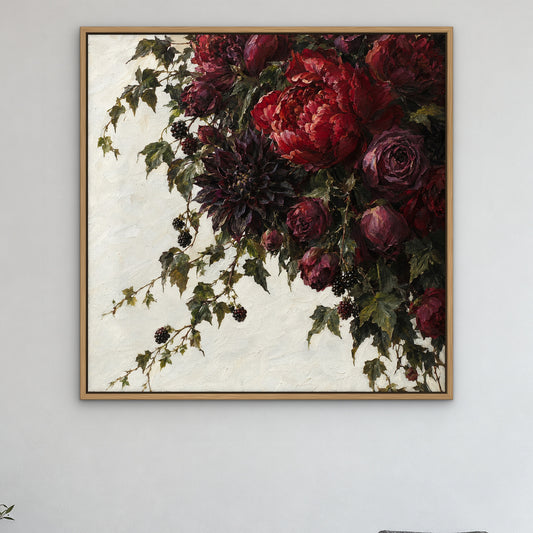 Dark Floral Opulence, colourful hand-painted canvas wall art in a bedroom – Gallery 23